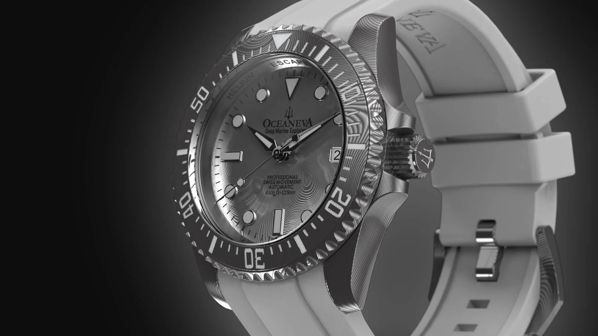 Oceaneva Mens Deep Marine Explorer II Silver Damascus Steel Dial Watch White Rubber