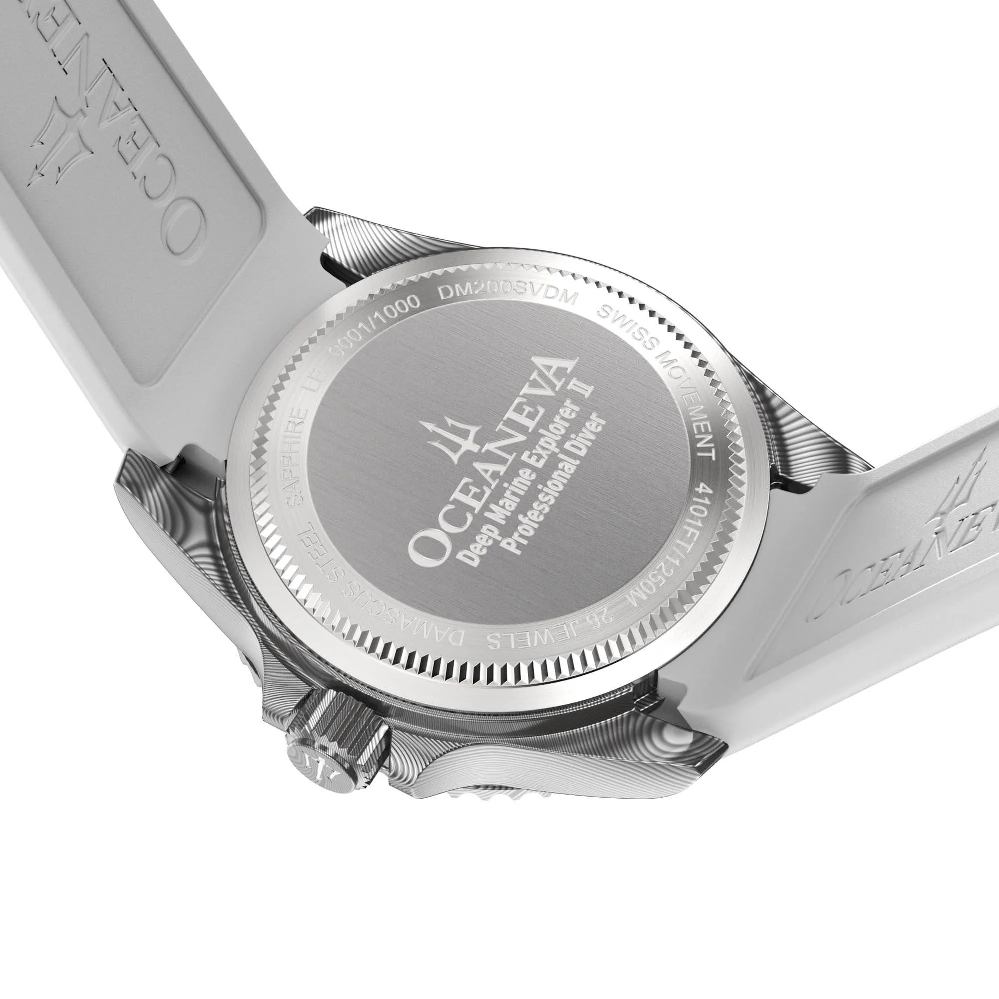 Oceaneva Mens Deep Marine Explorer II Silver Damascus Steel Dial Watch White Rubber