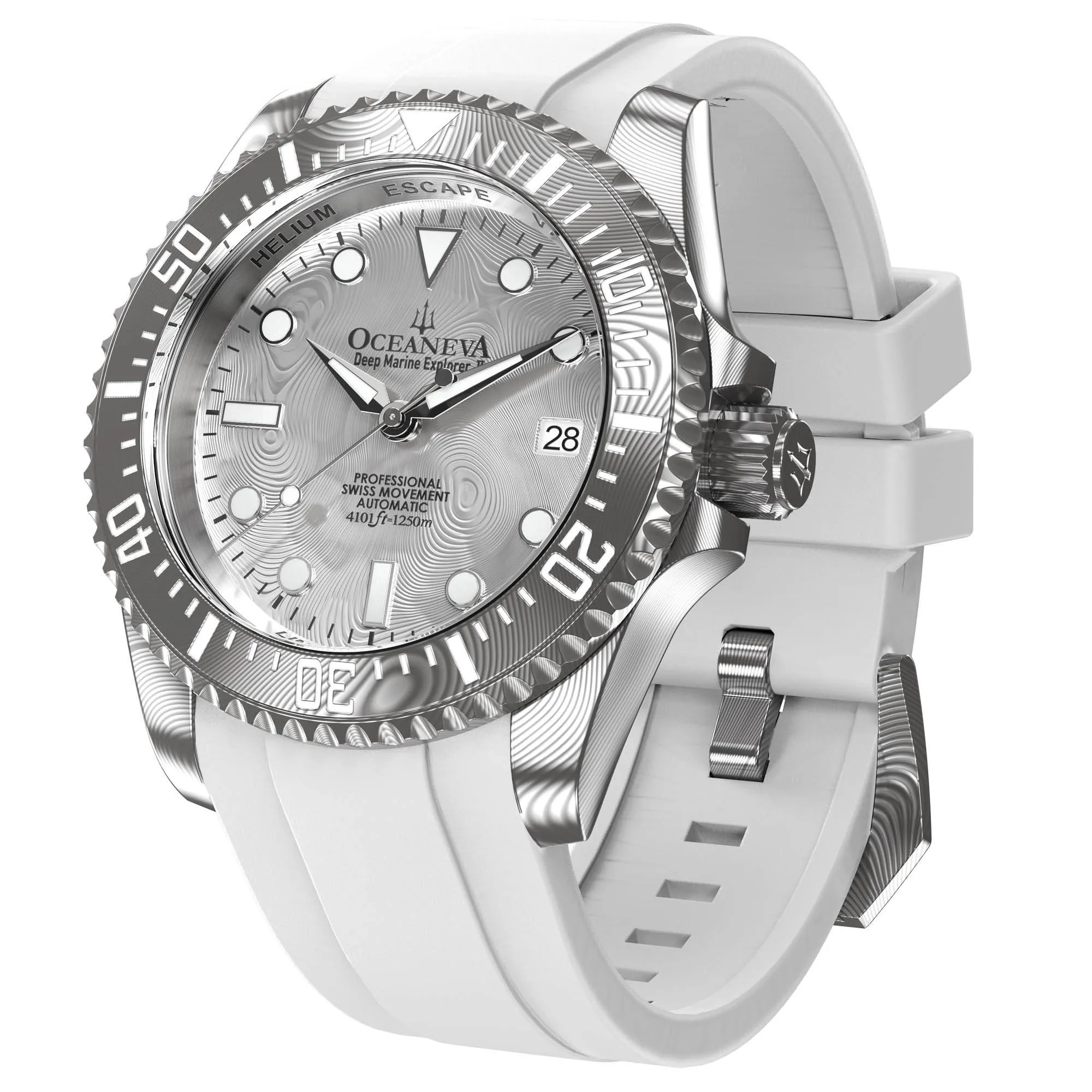 Oceaneva Mens Deep Marine Explorer II Silver Damascus Steel Dial Watch White Rubber