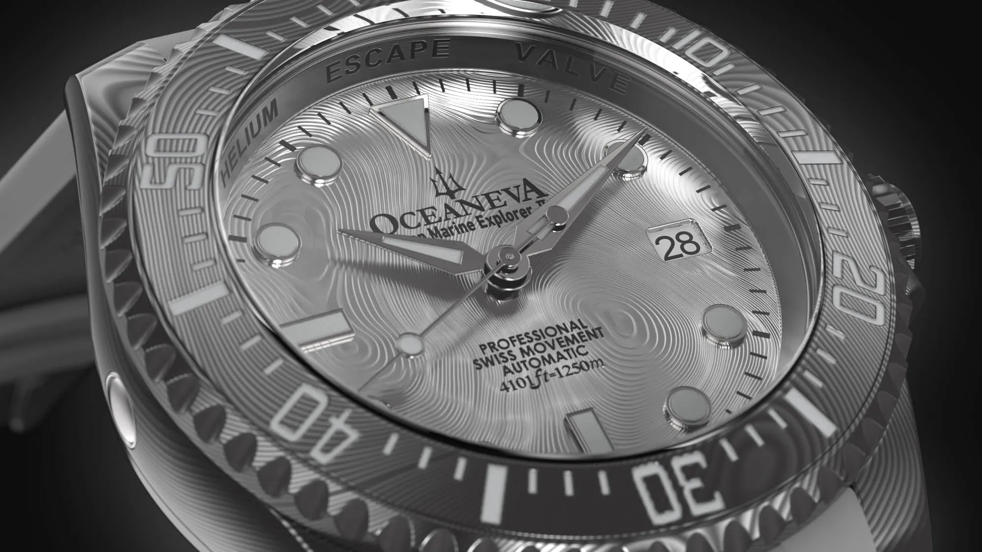 Oceaneva Mens Deep Marine Explorer II Silver Damascus Steel Dial Watch White Rubber