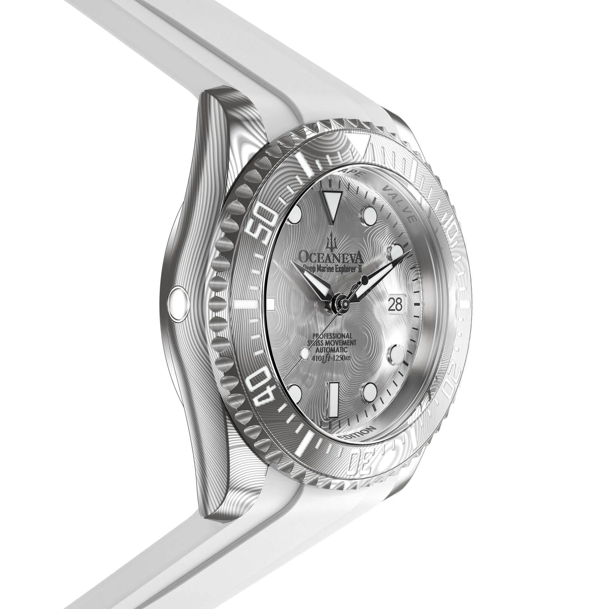 Oceaneva Mens Deep Marine Explorer II Silver Damascus Steel Dial Watch White Rubber