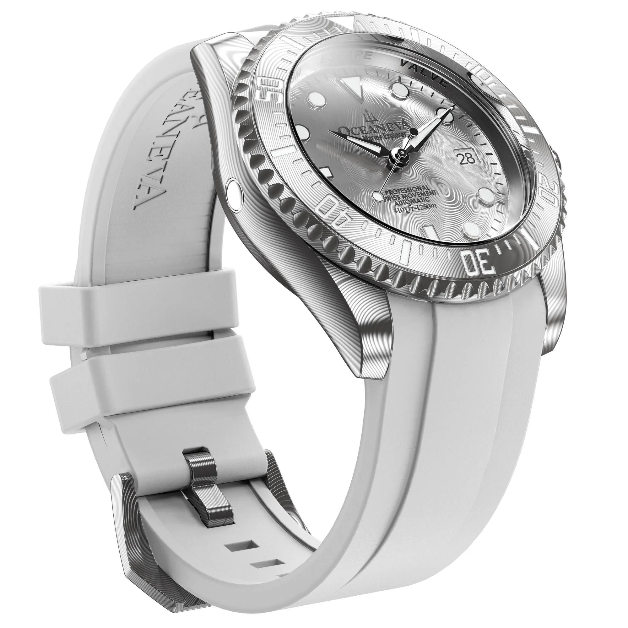 Oceaneva Mens Deep Marine Explorer II Silver Damascus Steel Dial Watch White Rubber