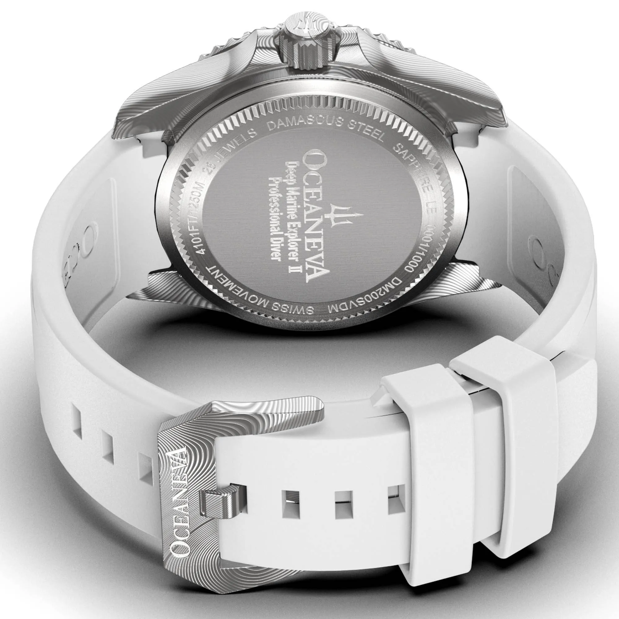 Oceaneva Mens Deep Marine Explorer II Silver Damascus Steel Dial Watch White Rubber