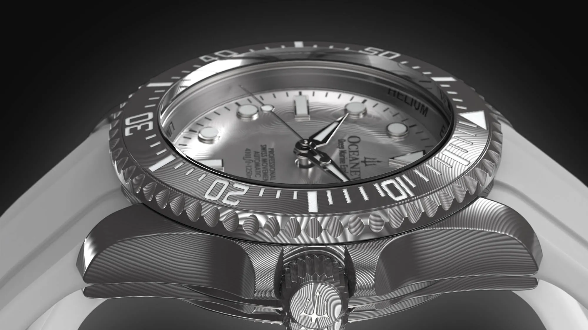 Oceaneva Mens Deep Marine Explorer II Silver Damascus Steel Dial Watch White Rubber
