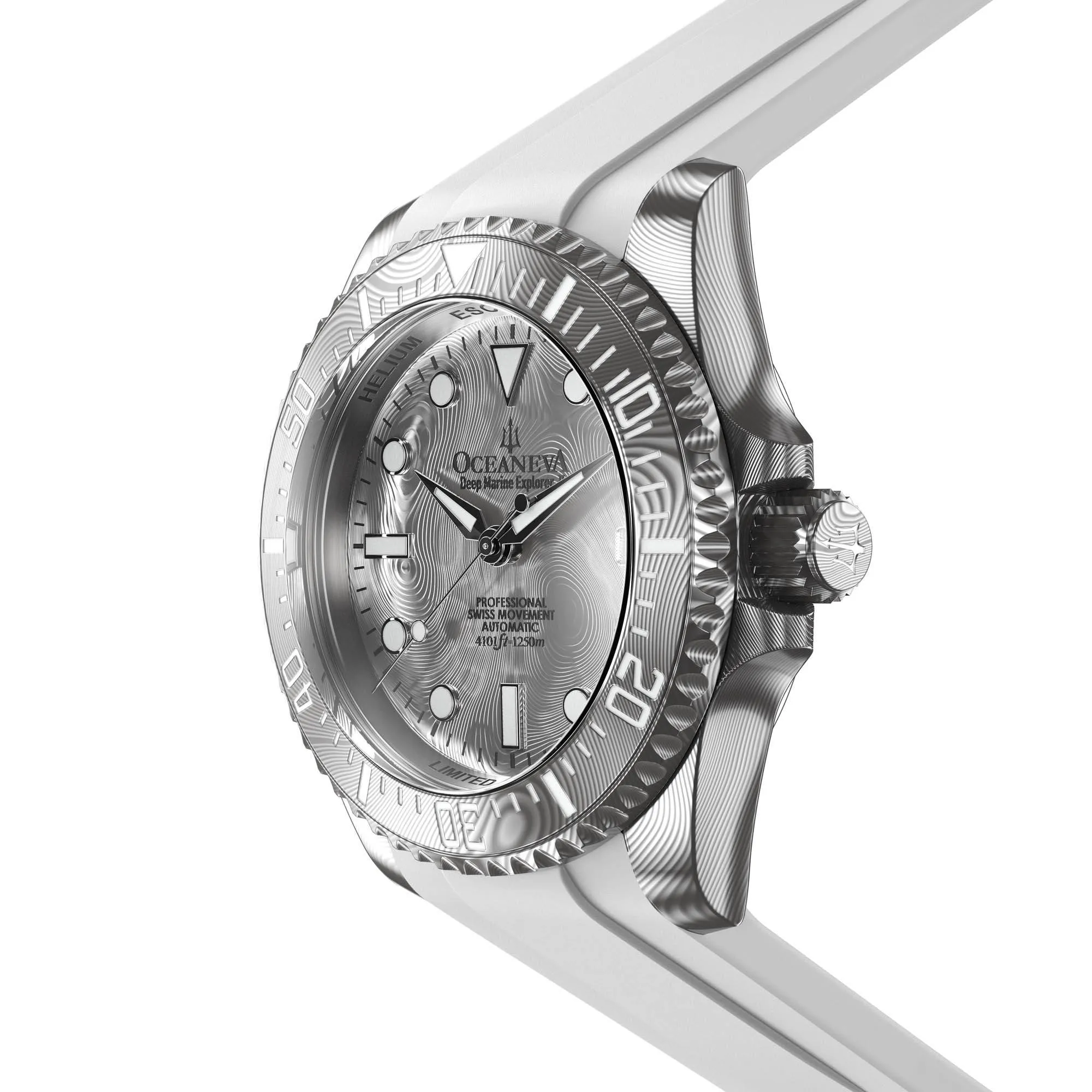 Oceaneva Mens Deep Marine Explorer II Silver Damascus Steel Dial Watch White Rubber