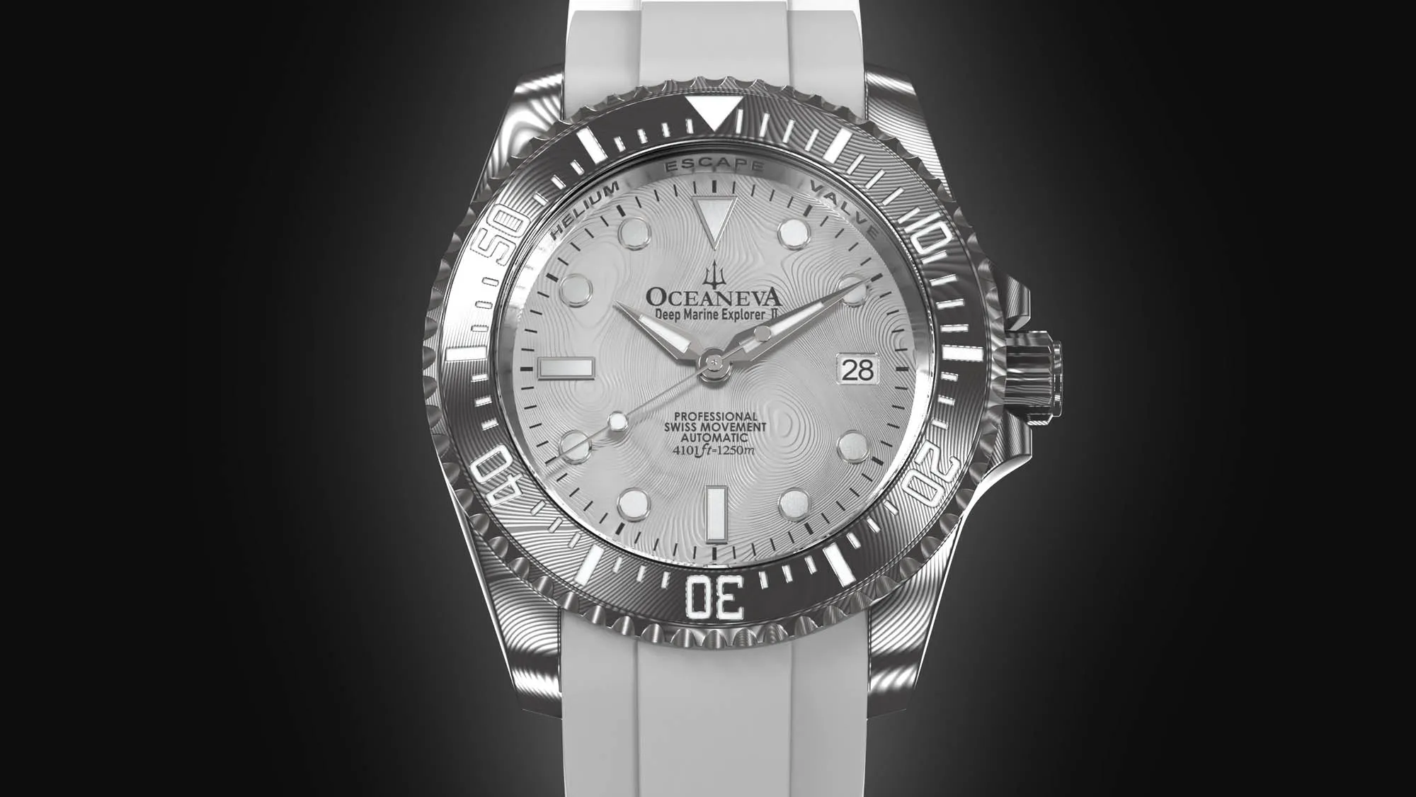 Oceaneva Mens Deep Marine Explorer II Silver Damascus Steel Dial Watch White Rubber
