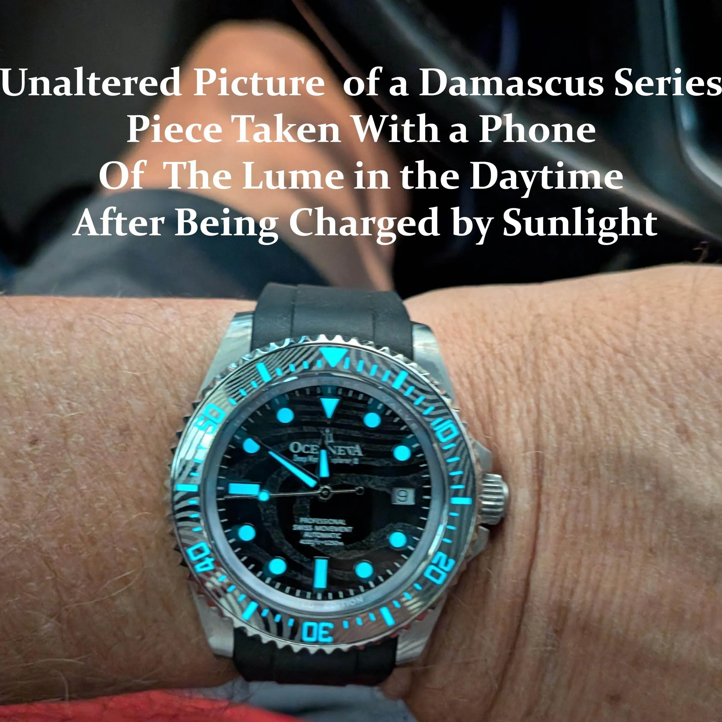Oceaneva Mens Deep Marine Explorer II Silver Damascus Steel Dial Watch White Rubber