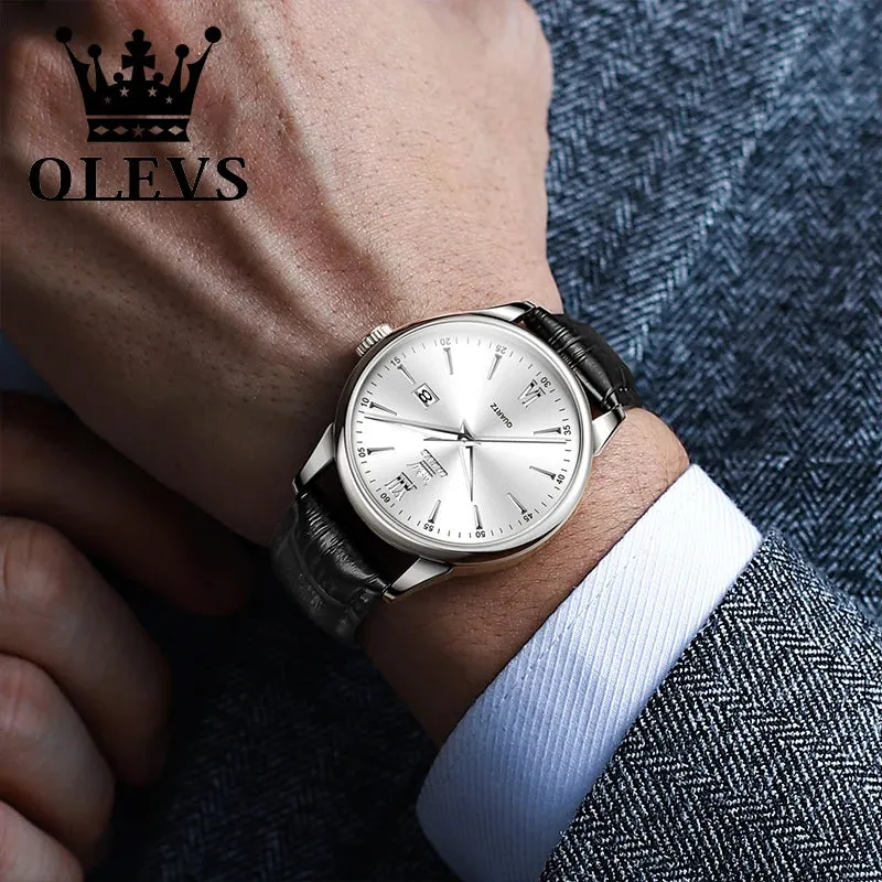 OLEVS Luxury Men's Quartz Watch - Leather Strap, Waterproof, High-Quality Casual Design