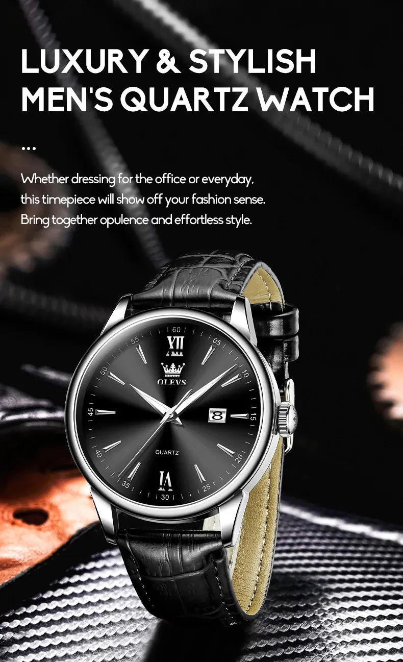 OLEVS Luxury Men's Quartz Watch - Leather Strap, Waterproof, High-Quality Casual Design