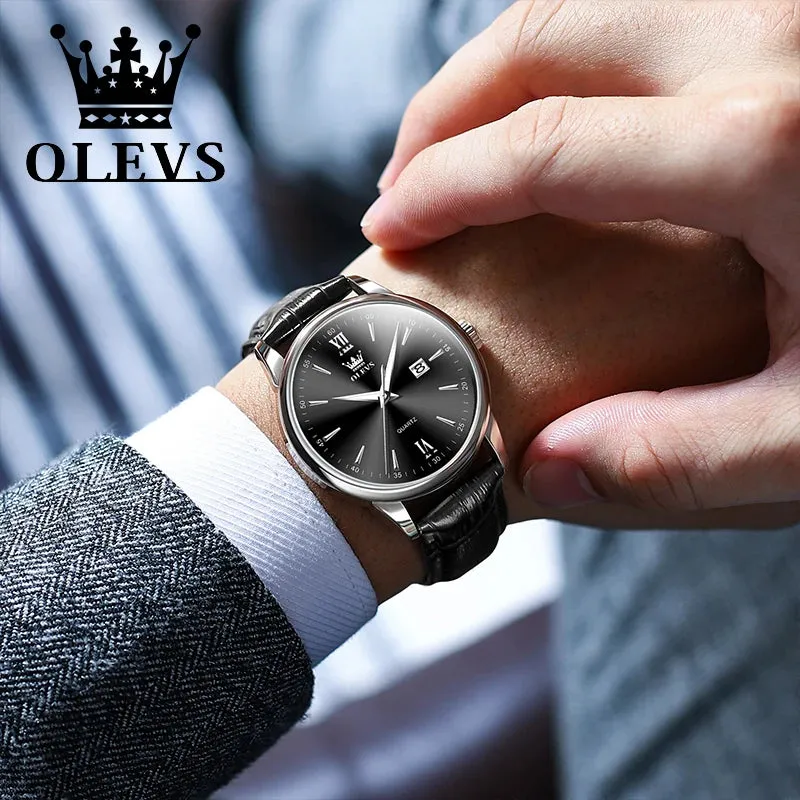 OLEVS Luxury Men's Quartz Watch - Leather Strap, Waterproof, High-Quality Casual Design