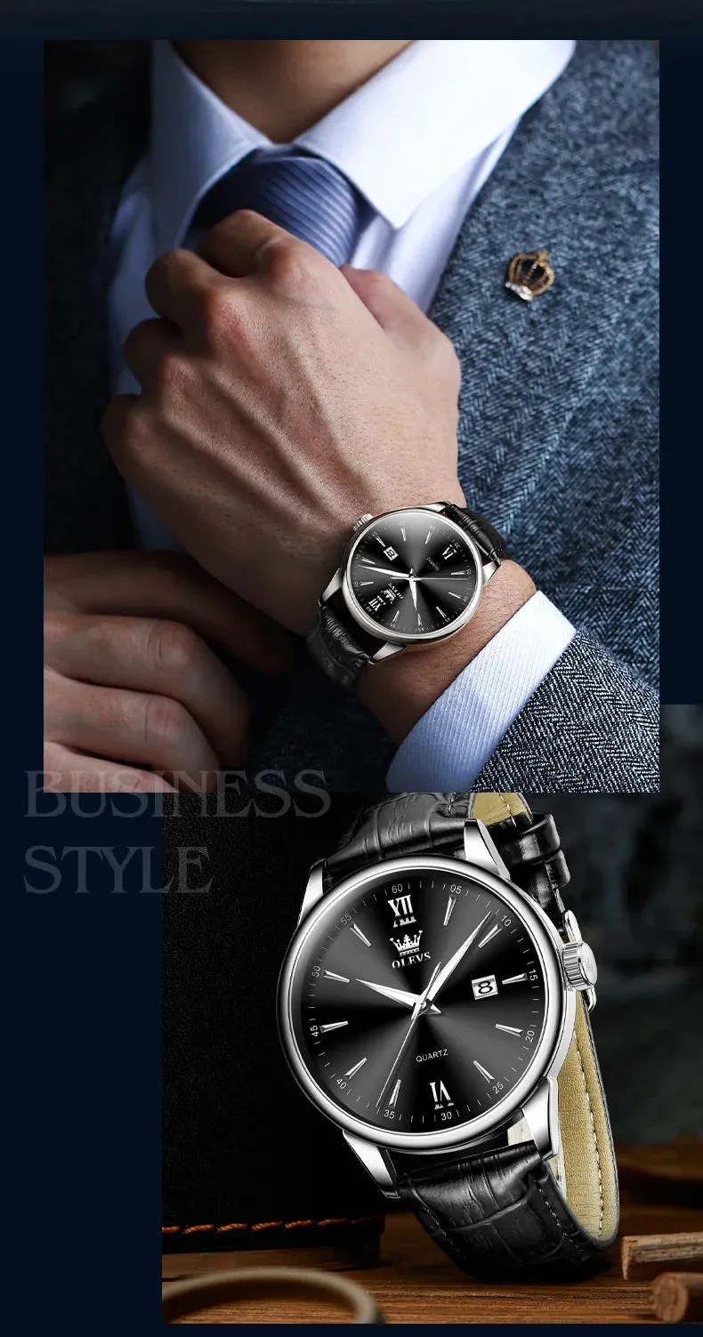 OLEVS Luxury Men's Quartz Watch - Leather Strap, Waterproof, High-Quality Casual Design