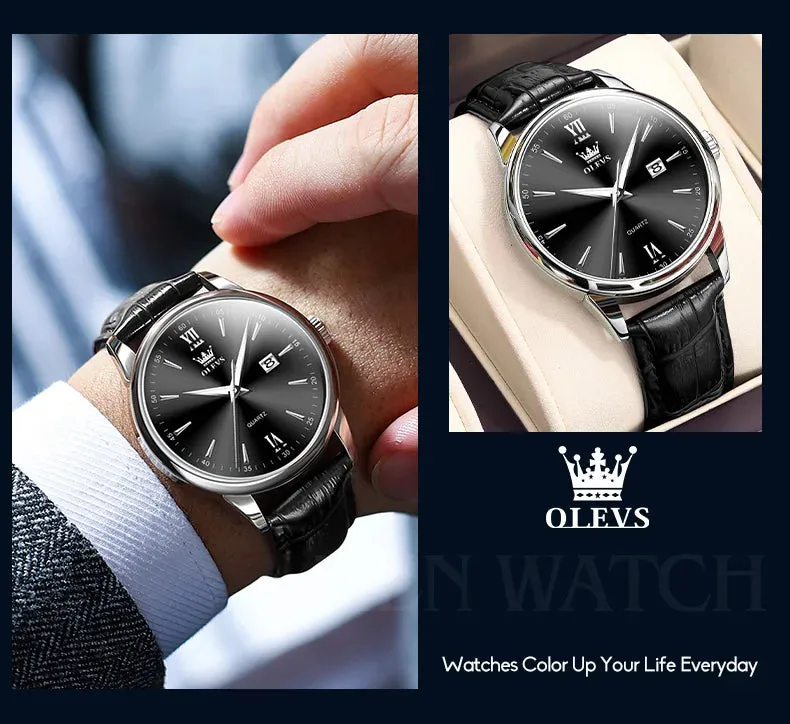 OLEVS Luxury Men's Quartz Watch - Leather Strap, Waterproof, High-Quality Casual Design