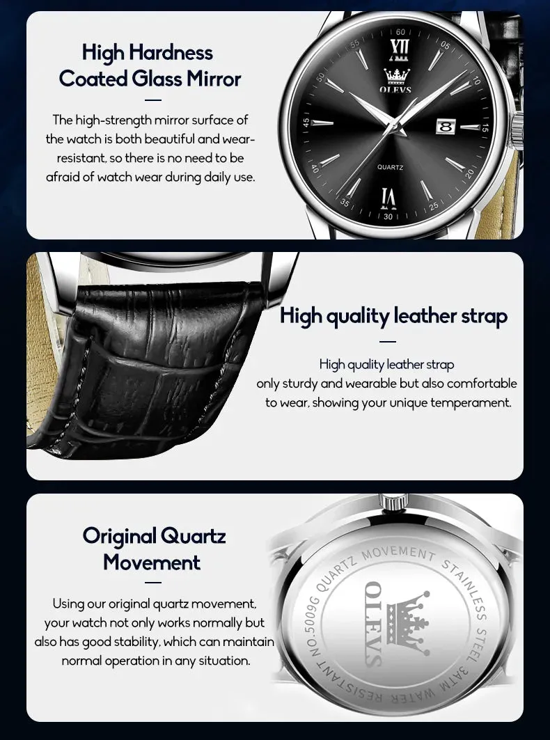 OLEVS Luxury Men's Quartz Watch - Leather Strap, Waterproof, High-Quality Casual Design