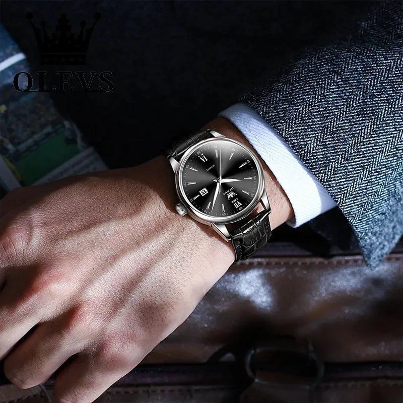 OLEVS Luxury Men's Quartz Watch - Leather Strap, Waterproof, High-Quality Casual Design