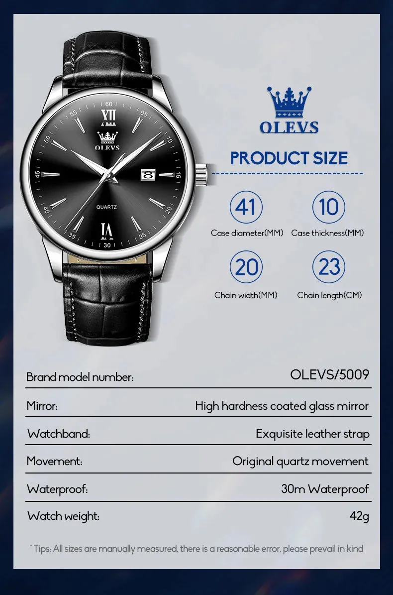 OLEVS Luxury Men's Quartz Watch - Leather Strap, Waterproof, High-Quality Casual Design