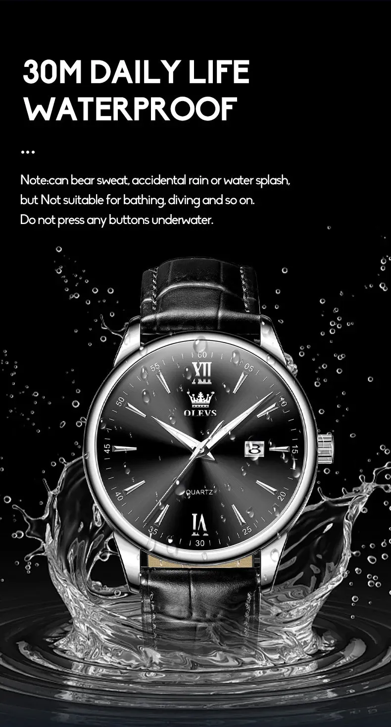 OLEVS Luxury Men's Quartz Watch - Leather Strap, Waterproof, High-Quality Casual Design