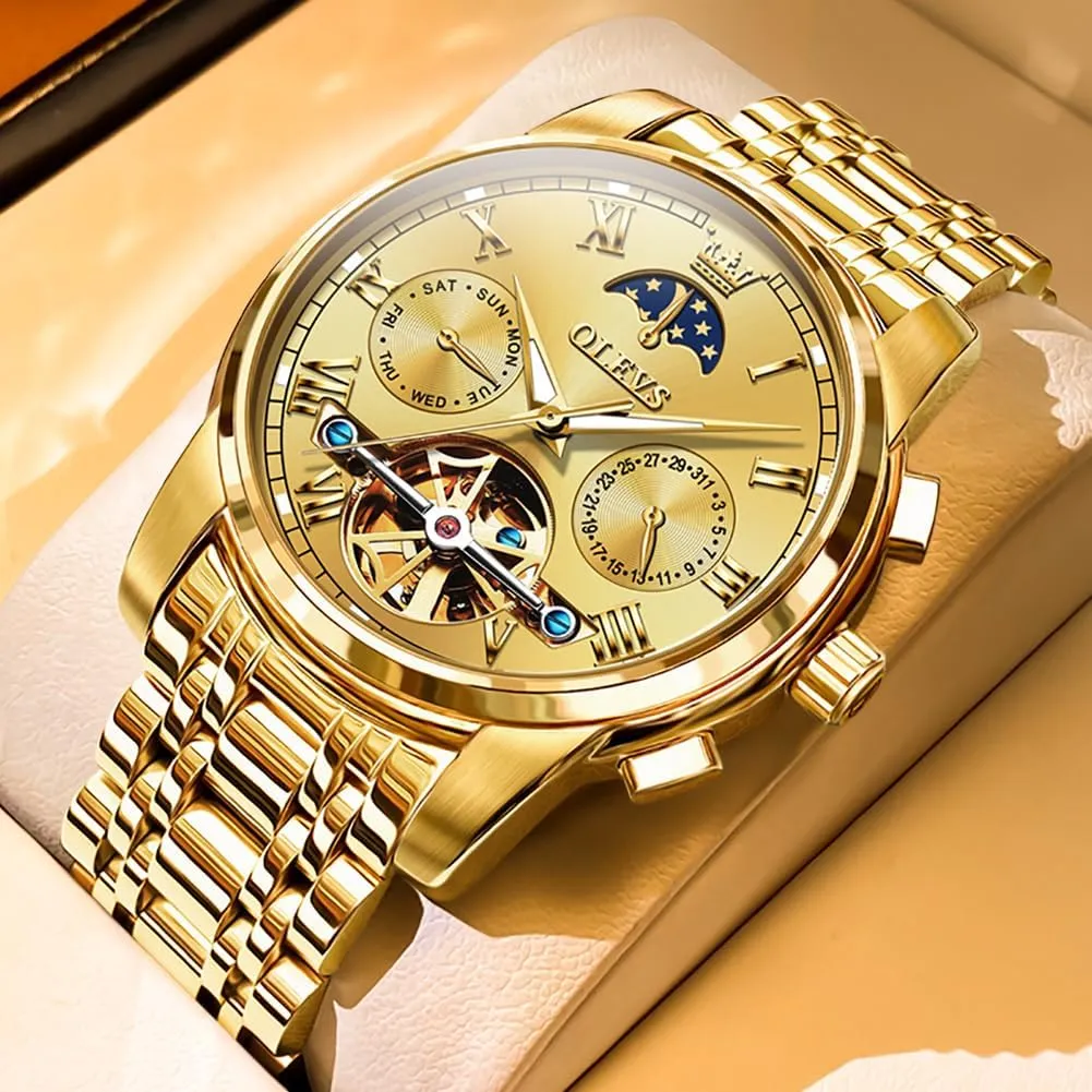 OLEVS Men Watch Automatic Mechanical Skeleton Moon Phase Dress Business Stainless Steel 3AT Waterproof Luminous Men Wrist Watch