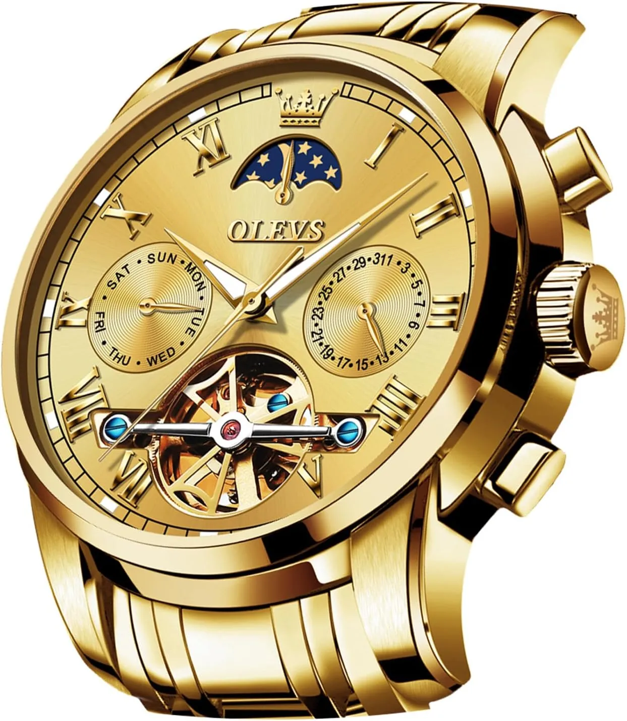 OLEVS Men Watch Automatic Mechanical Skeleton Moon Phase Dress Business Stainless Steel 3AT Waterproof Luminous Men Wrist Watch