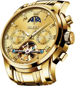 OLEVS Men Watch Automatic Mechanical Skeleton Moon Phase Dress Business Stainless Steel 3AT Waterproof Luminous Men Wrist Watch