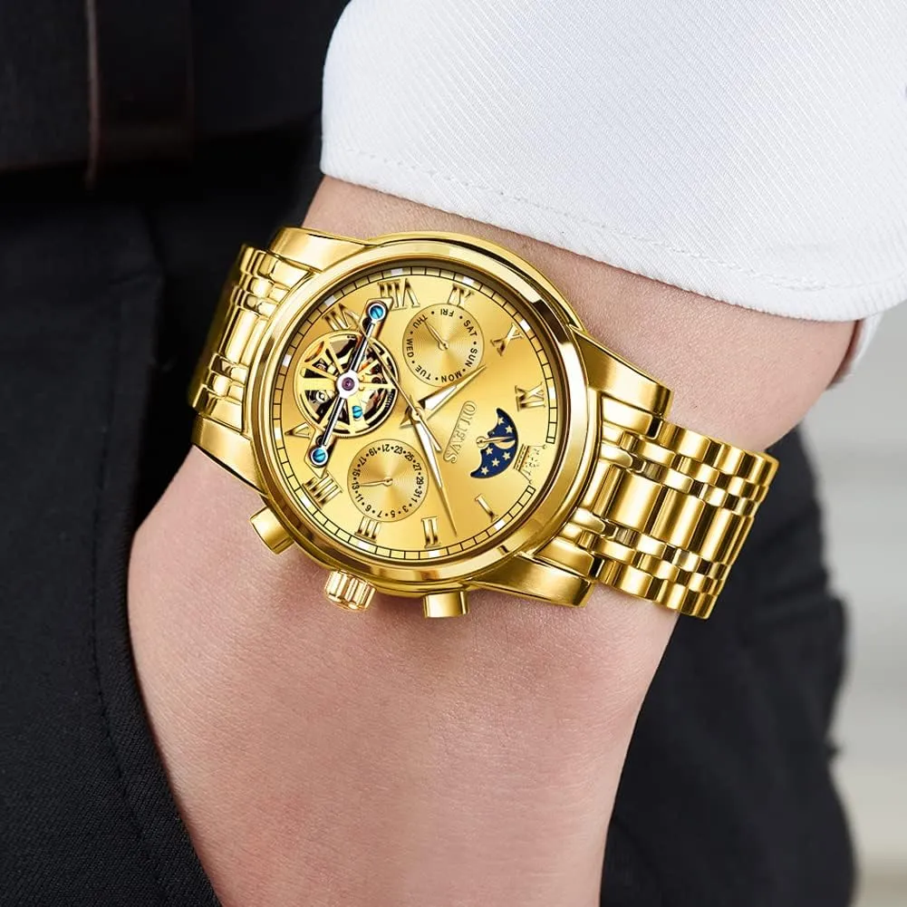OLEVS Men Watch Automatic Mechanical Skeleton Moon Phase Dress Business Stainless Steel 3AT Waterproof Luminous Men Wrist Watch