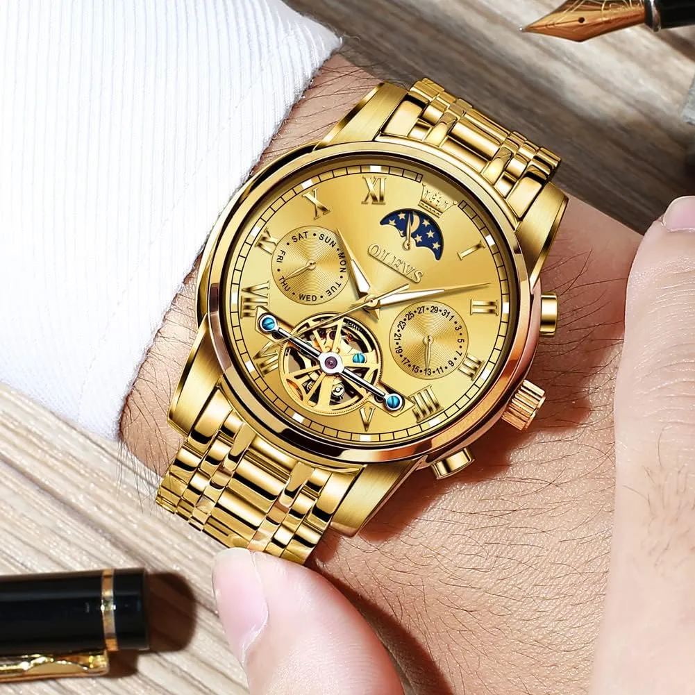 OLEVS Men Watch Automatic Mechanical Skeleton Moon Phase Dress Business Stainless Steel 3AT Waterproof Luminous Men Wrist Watch