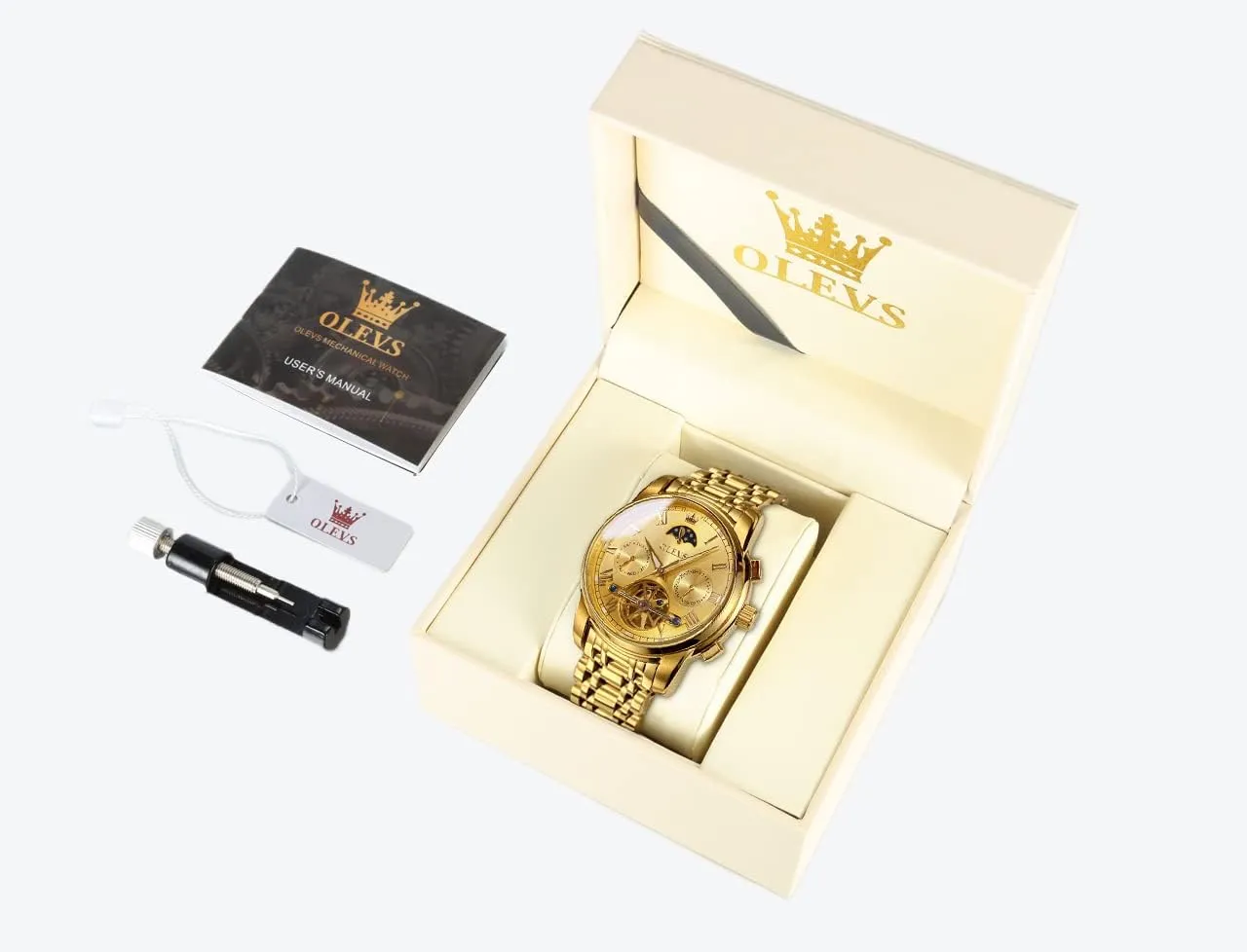 OLEVS Men Watch Automatic Mechanical Skeleton Moon Phase Dress Business Stainless Steel 3AT Waterproof Luminous Men Wrist Watch