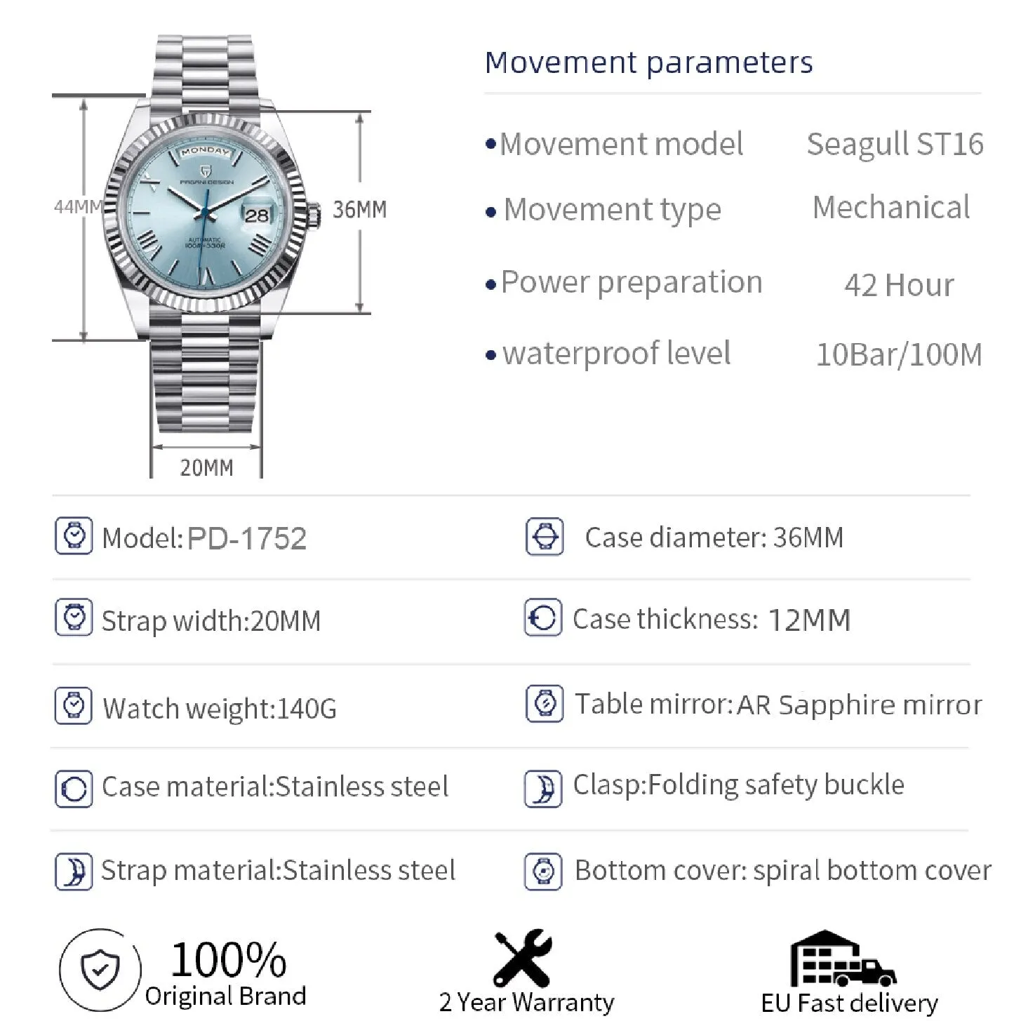 PAGANI DESIGN DD36 Gold Luxury Automatic Mechanical Watch For Men ST16 100M Waterproof 2022 New AR sapphire glass Men&#39;s Watches