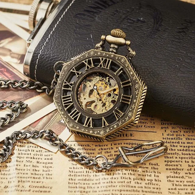 Retro Unisex Analog Hexagonal Mechanical Fob Chain Pocket Watch with Box