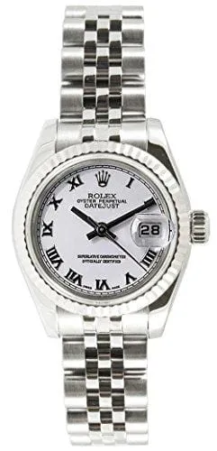 Rolex Ladys New Style Heavy Band Stainless Steel Datejust Model 179174 Jubilee Band 18K White Gold Fluted Bezel White Roman Dial