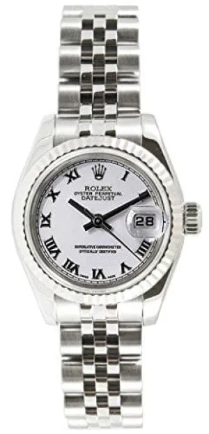 Rolex Ladys New Style Heavy Band Stainless Steel Datejust Model 179174 Jubilee Band 18K White Gold Fluted Bezel White Roman Dial