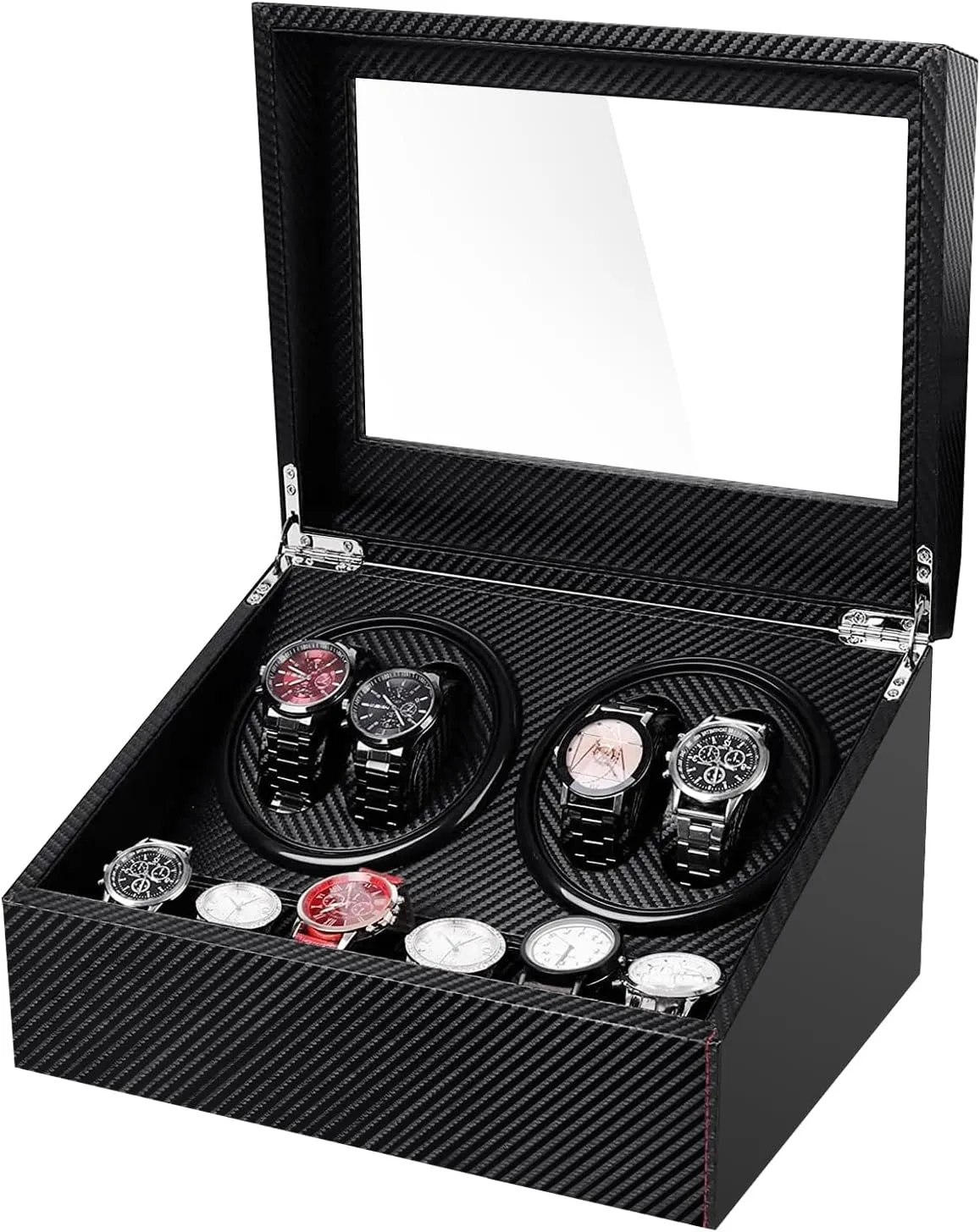 Watch Winder for Automatic Watches with 6 Watches Storages, for 4 Automatic Watches Winder, Carbon Fiber Styling
