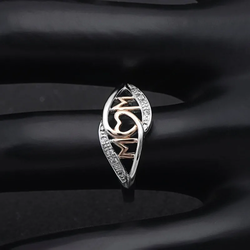 White and Rose Gold Sterling Silver Mom Heart Ring