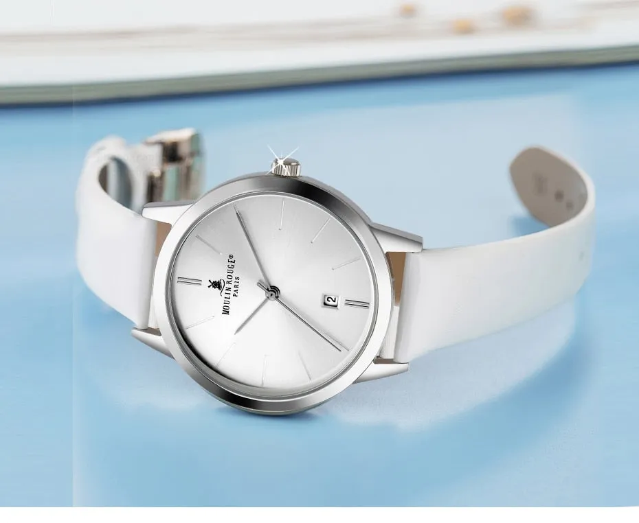 Women's Casual Waterproof Calendar Window Leather Strap Wristwatch