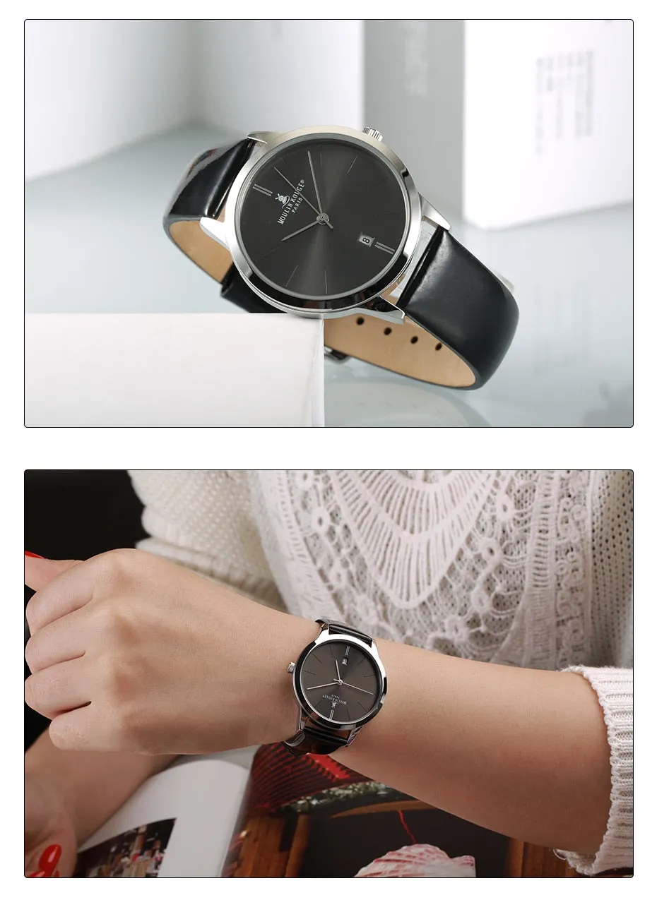 Women's Casual Waterproof Calendar Window Leather Strap Wristwatch