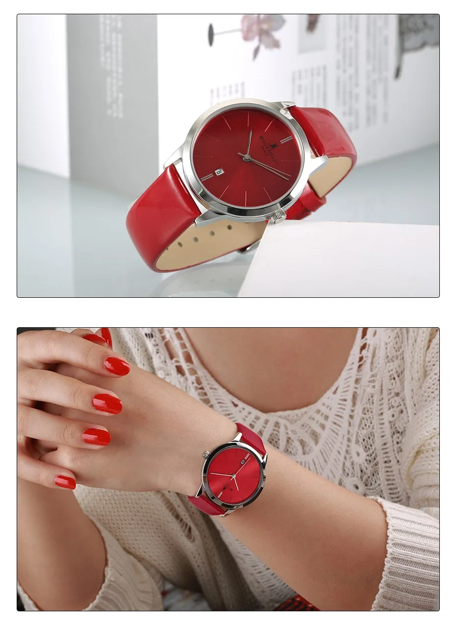 Women's Casual Waterproof Calendar Window Leather Strap Wristwatch