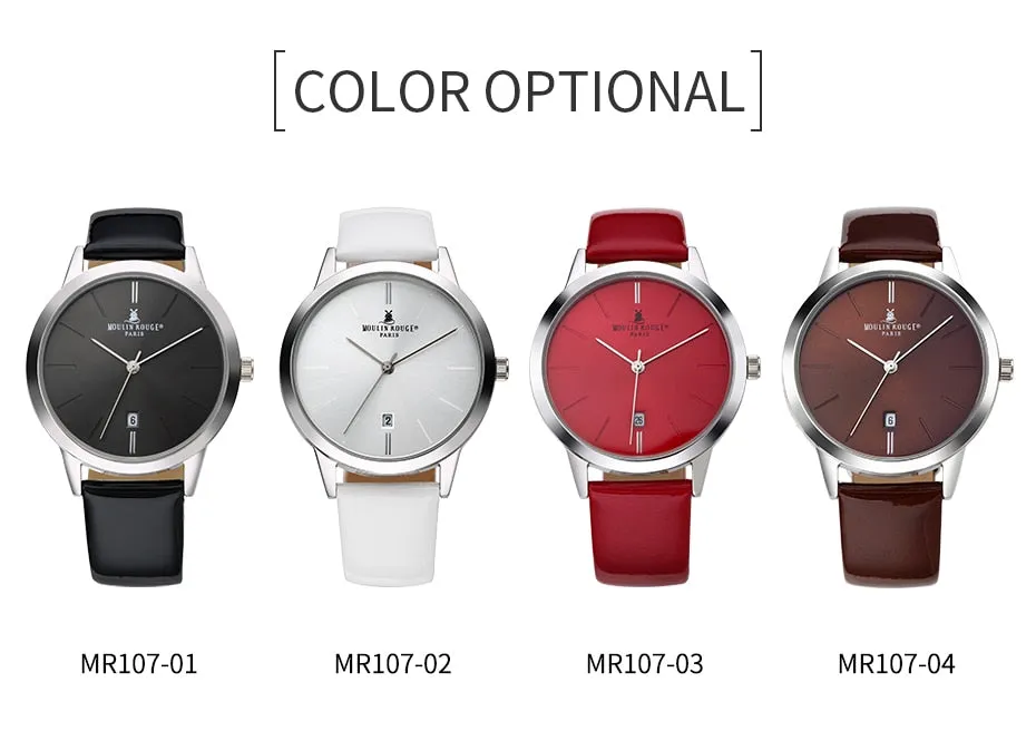 Women's Casual Waterproof Calendar Window Leather Strap Wristwatch