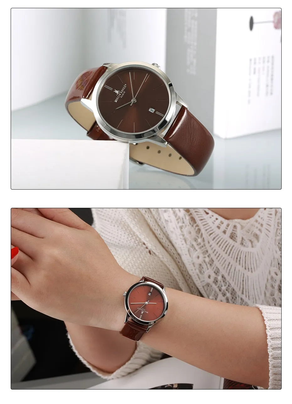 Women's Casual Waterproof Calendar Window Leather Strap Wristwatch