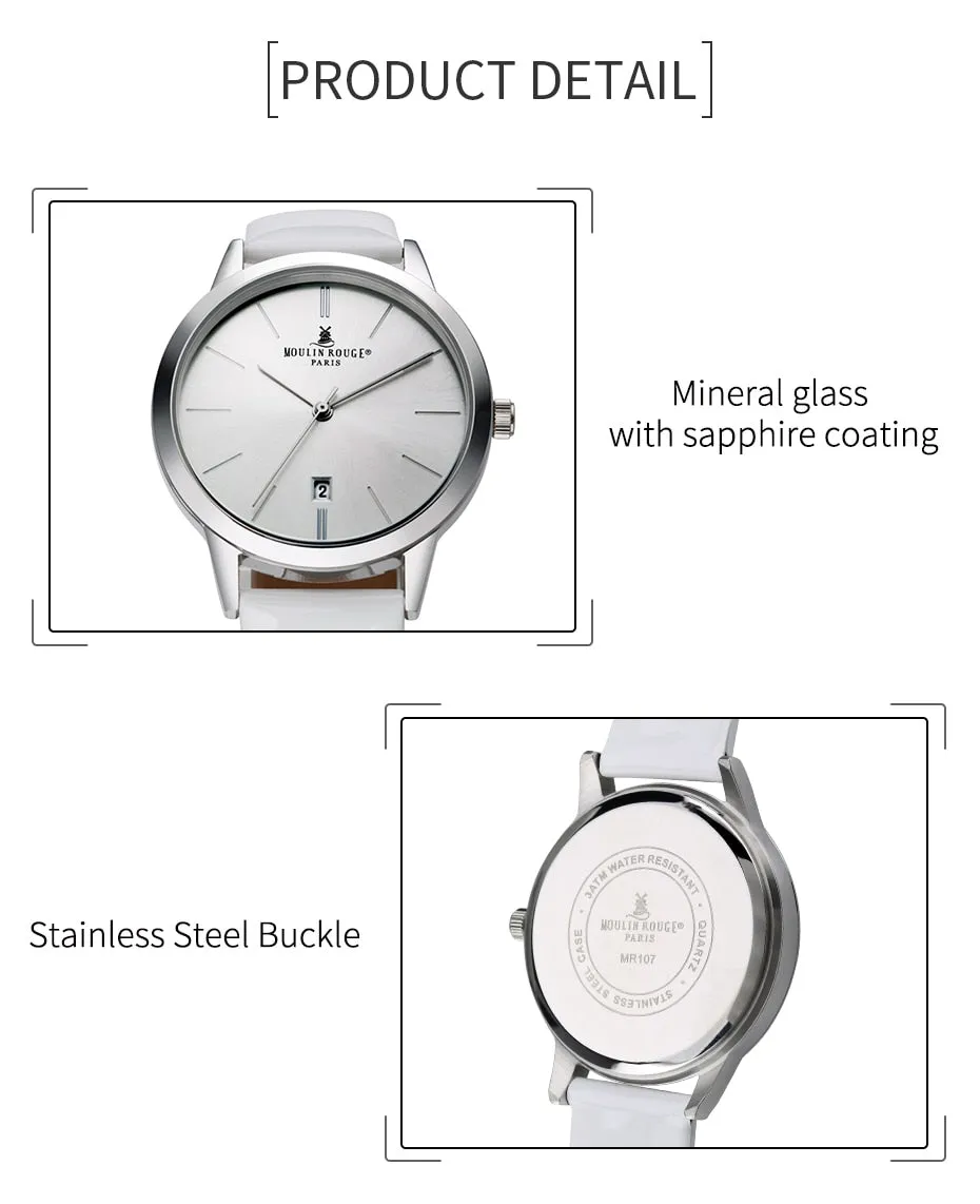 Women's Casual Waterproof Calendar Window Leather Strap Wristwatch